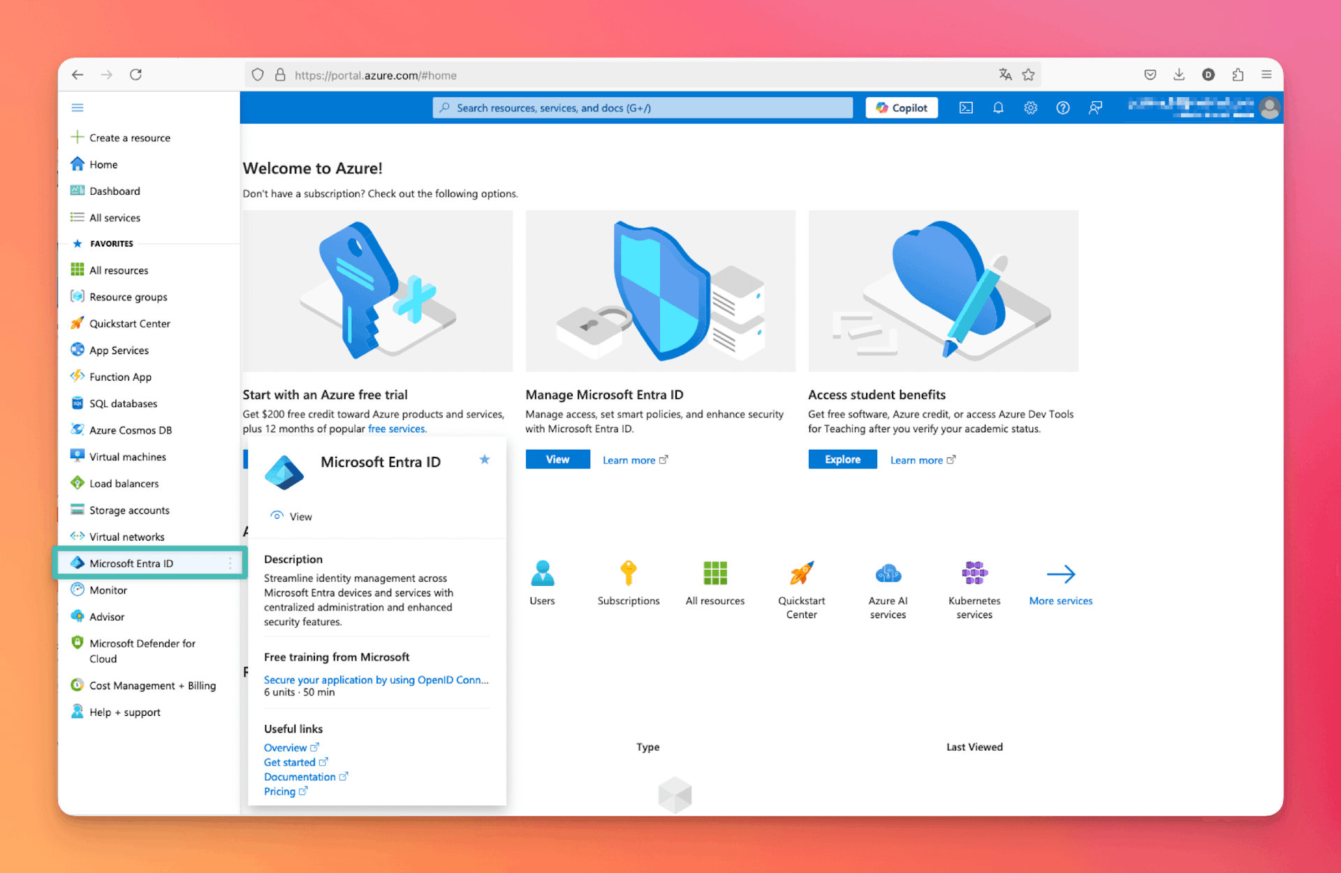 An image showing where the link to Microsoft Entra ID is in the sidebar