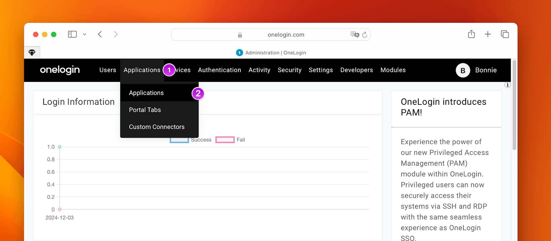 An image showing the applications menu in OneLogin