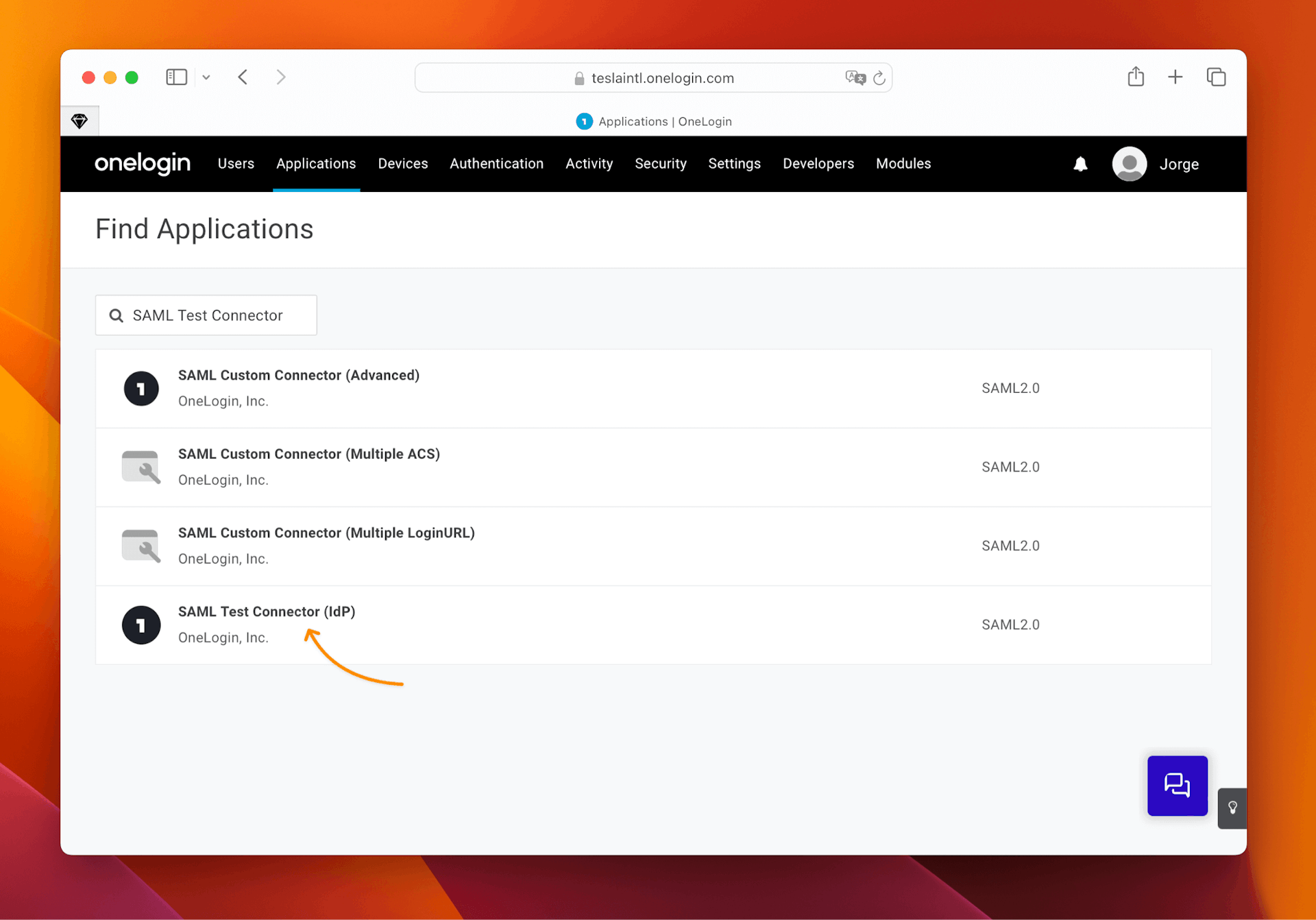 An image showing the SAML search results for SAML Test Connector (IdP)