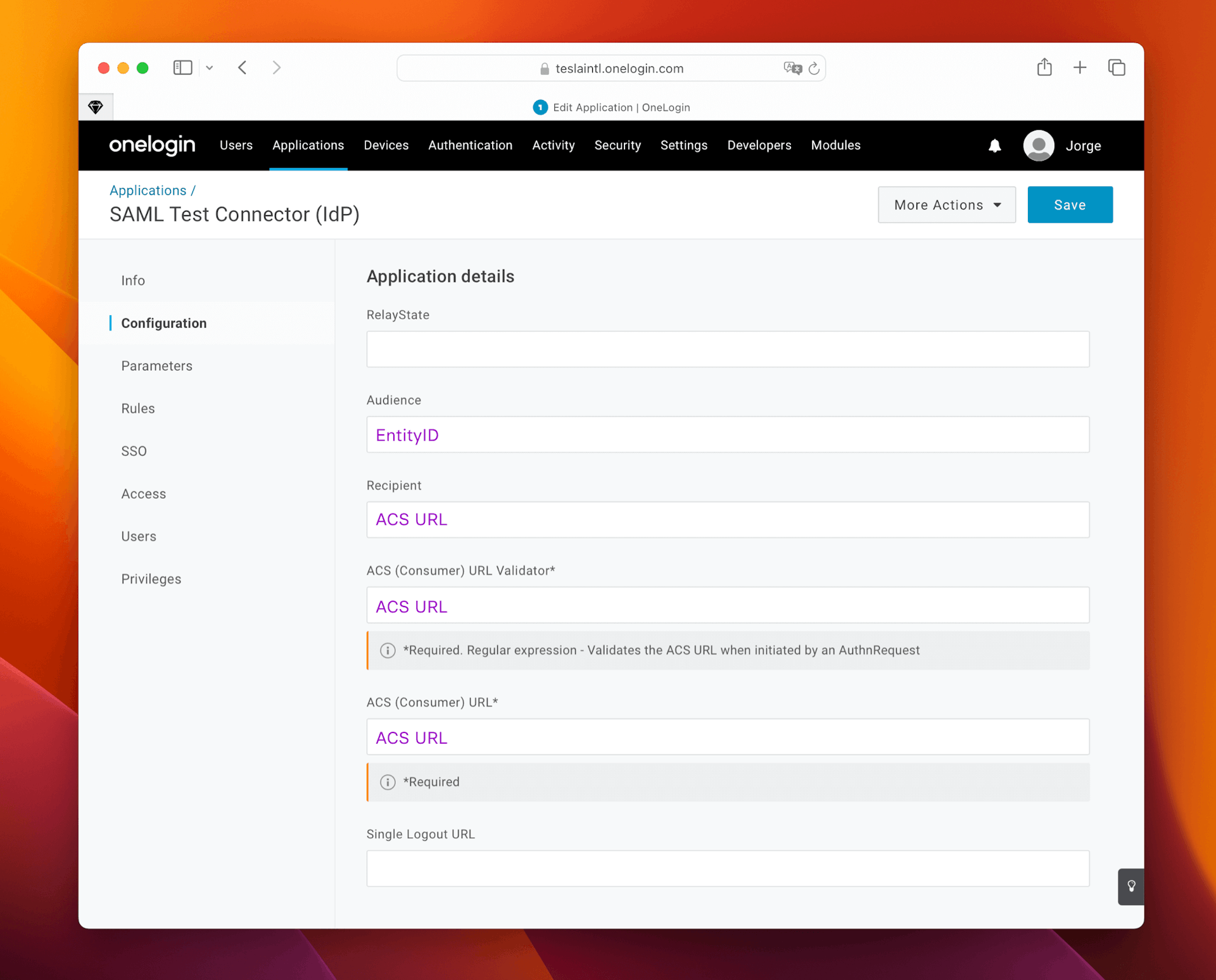 An image showing in which fields you need to use the EntityID and ACS URL values